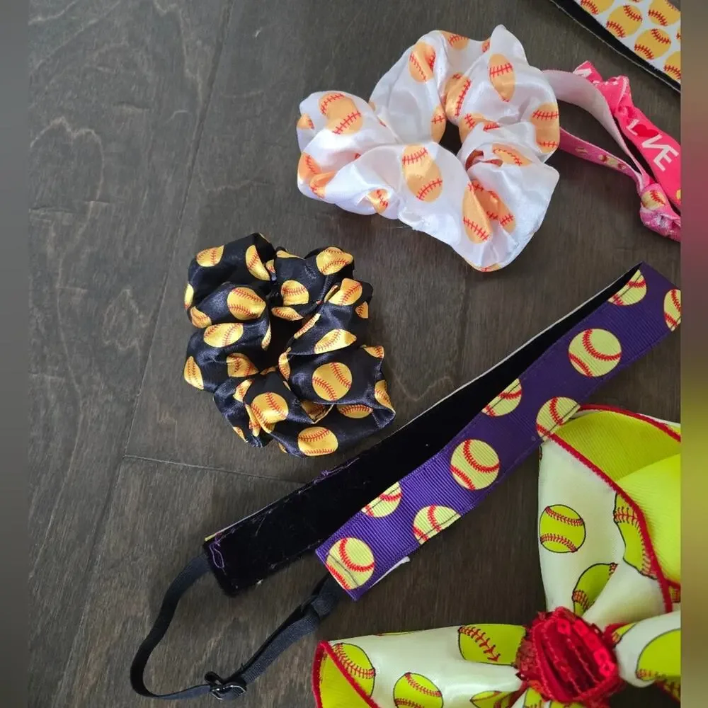 Handmade Pony Tail Softball Bow and Softball Hair Accessories Bracelet